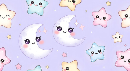 Kawaii Moon and Stars Seamless Pattern.