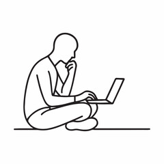 Focused Man Working on Laptop and Thinking - Digital Learning, Problem-Solving, Online Productivity, and Remote Work Concept Icon