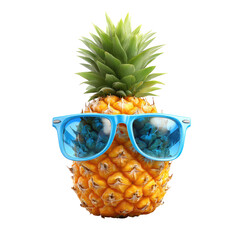 Pineapple with blue sunglasses isolated on transparent background cutout