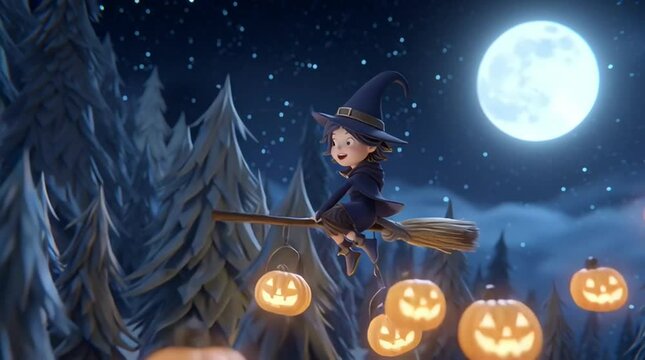 A cartoon style little witch flying on a broomstick with pumpkins floating beside her, happy halloween.