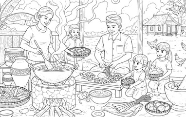 Obraz premium Traditional Indonesian Family Cooking Together in Outdoor Kitchen Coloring Page