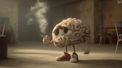 A cartoon human brain with legs and arms, smoking a cigarette