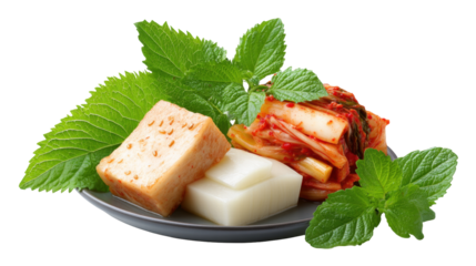 Kimchi and tofu with sesame leaves on plate, fresh and vibrant Korean side dish