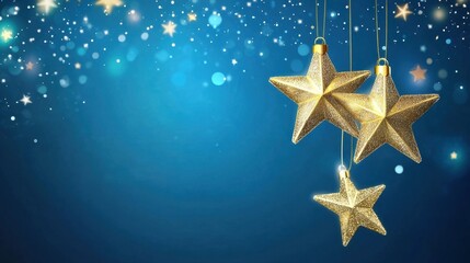Sparkling Star Ornaments on Blue Background.