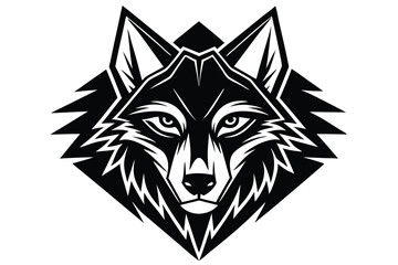 Bold wolf face showcases symmetrical details against a geometric black and white background