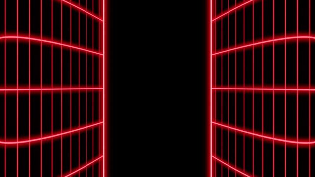 Abstract red grid lines curve perspective neon lights moving animation on the black background