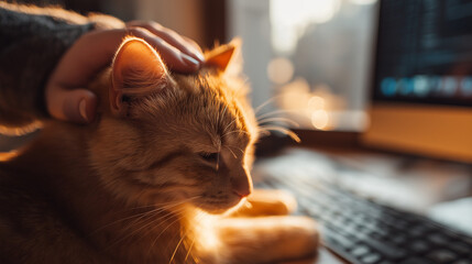 A person petting an orange cat on the head, sitting at their desk with a computer and phone in the background, natural light