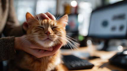 A person petting an orange cat on the head, sitting at their desk with a computer and phone in the background, natural light