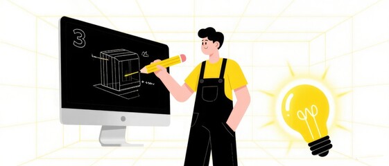 Person Deepening Design Creativity in Front of Computer Illustration, Creative Execution & Idea Implementation Material