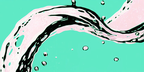 Abstract Pink and Black Liquid Swirl with Bubbles on a Teal Background for Modern Artistic Compositions