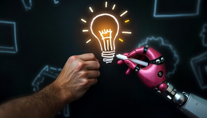A conceptual illustration of a human and a robotic hand drawing a glowing lightbulb together, symbolizing collaboration between humans and artificial intelligence. Ideal for themes like innovation, te