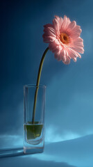 A single, withered pink gerbera flower in the shape of an elongated arch stands on its stem against a blue background