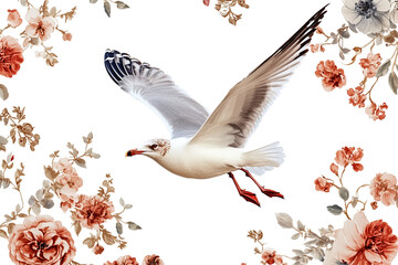 Elegant Seagull in Flight, Floral Frame, Isolated on Transparent PNG