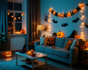Festive living room interior with sofa, Halloween decorations and lights up at night