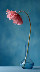 A single, withered pink gerbera flower in the shape of an elongated arch stands on its stem against a blue background