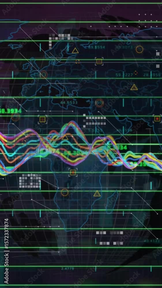 Poster animation of financial data processing over world map