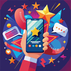 Hand holding smartphone displaying star rating and feedback with abstract shapes and stars silhouette