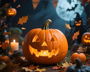 A spooky atmosphere of a Pumpkin lantern Halloween party with leaves blowing around. Photo composite