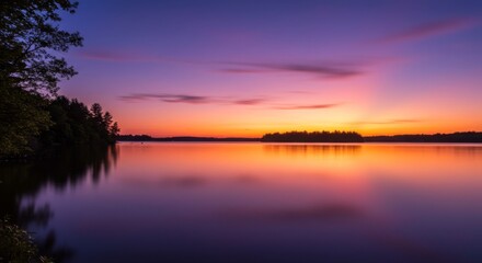 Obraz premium Vibrant Sunset Over Calm Lake With Tree Silhouettes