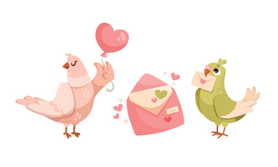 Adorable Love Birds are depicted with a Heart Balloon and a Letter in this delightful illustration