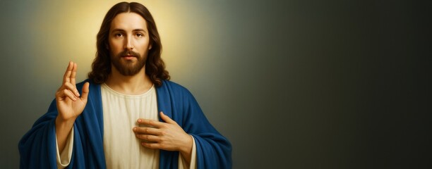Fototapeta premium Portrait of a serene man with long hair and beard in blue robe, hand raised in blessing gesture, soft light on gradient background, copy space on right.