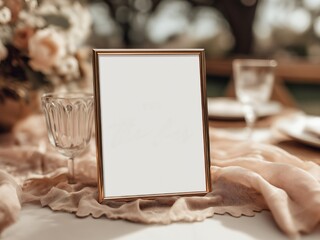 Rustic Charm and Elegant Setting: Blank Portrait Frames and Floral Arrangements in a Romantic Wedding Table with Glassware Detail and Seasonal Decor Mockup