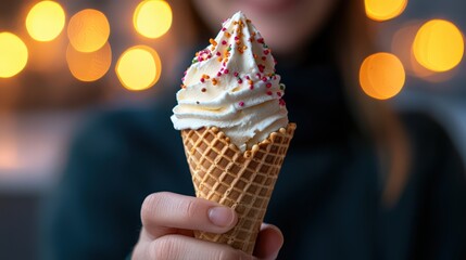Soft serve ice cream in a waffle cone, captured close-up with bokeh lighting in the background