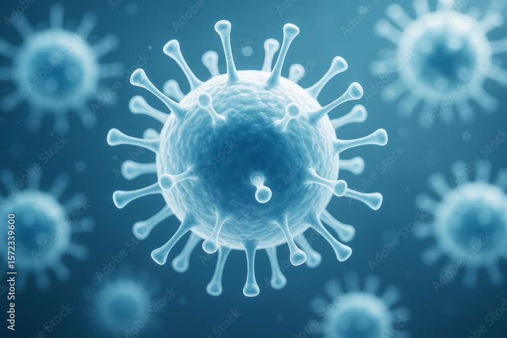 Poster Microscopic view of virus cells with spiky surfaces floating in blue scientific background under soft light, symbolizing infection and microbiology study.