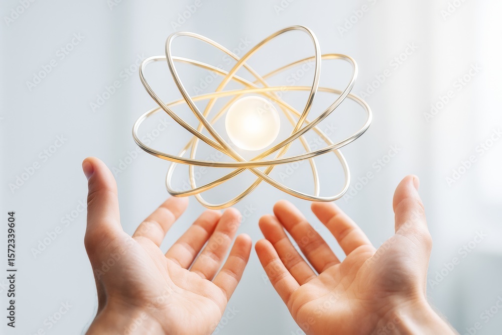 Poster human hands surrounding glowing atom model with golden orbits symbolizing science concept on soft li