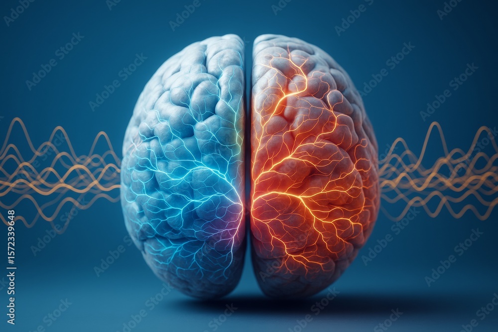 Aufkleber Abstract depiction of human brain with electric impulses and neural activity in blue and orange light on science background. Ai generative.