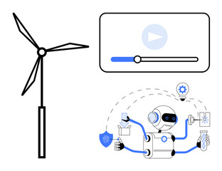 Wind turbine, robot multitasking with tech devices, and video player interface. Ideal for technology, renewable energy, automation, robotics, AI digital media and innovation. Simple flat metaphor