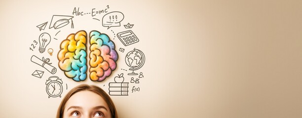 Colorful brain illustration above child's head with education doodles on light background and copy space for science or learning concept poster.