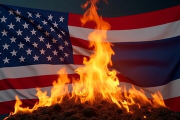 American flag and Thailand flag with fire burning in the background. USA finance, government, and economics concept. Trade war. Tax and tariff concept	