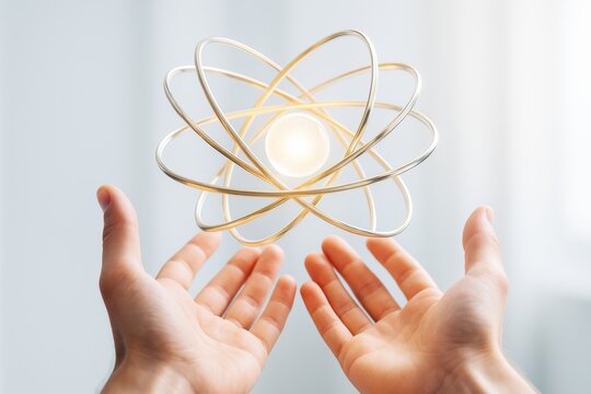Human hands surrounding glowing atom model with golden orbits symbolizing science concept on soft light background. Ai generative.