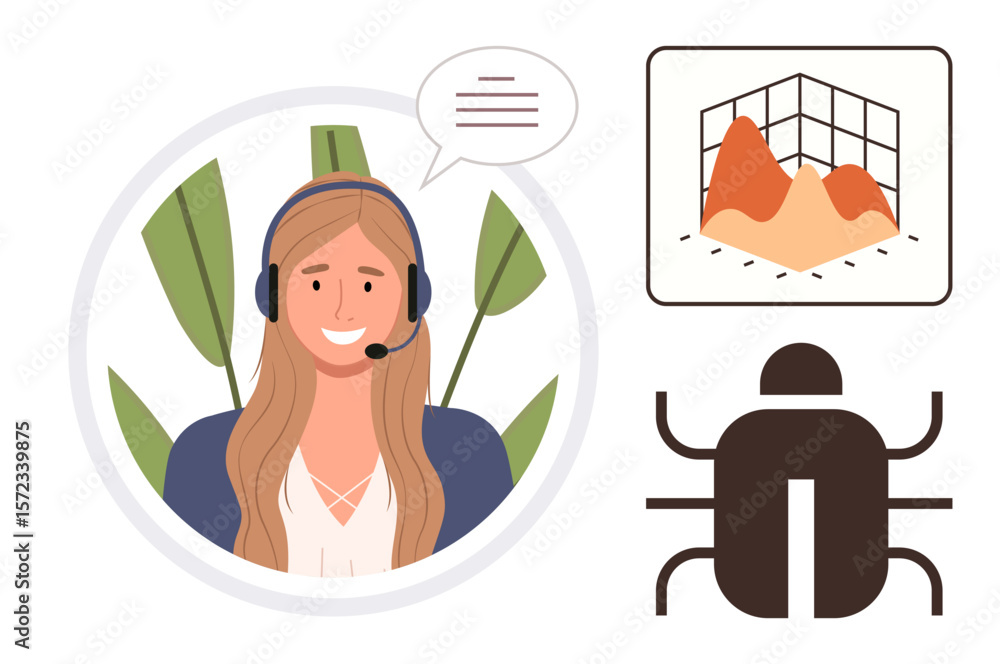 Poster female agent with headphones providing support, graphic chart analyzing data, bug icon for problem-s