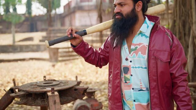 Bearded felon swings a rod wildly eyes burning with fury