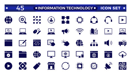 Information technology solid icons set. Information Technology solid icon collection. Programming, Network, Website, Process, Internet, Data, Technology symbol.
