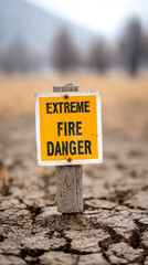A yellow warning sign reading "EXTREME FIRE DANGER" is posted in a dry, cracked landscape with blurred trees in the background.