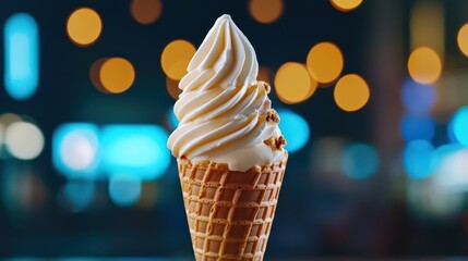 Soft serve ice cream in a waffle cone, captured close-up with bokeh lighting in the background