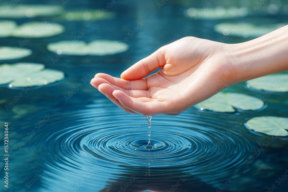 Poster Human hand touching water surface with ripples and lily pads in sunlight, expressing calm and nature connection in peaceful setting.