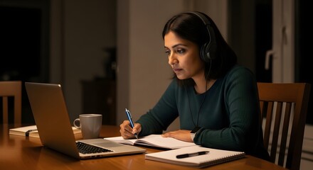 A focused Indian woman wearing headphones takes notes while participating in an online course or webinar on her laptop. She is studying diligently at her dining table late at nigh