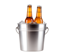 Stylish metal ice bucket with two bottles of beer isolated on a transparent background