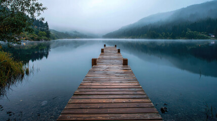 Naklejka premium Quiet wooden dock stretching into calm waters, sunrise fog gently floating above the lake