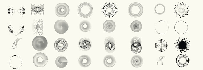 Collection of vector design elements. Set of logos with lines, stripes and circles. Various forms of line and dots design.Vector logo collection. Bundle of circle icons and elements. Set of lines art.