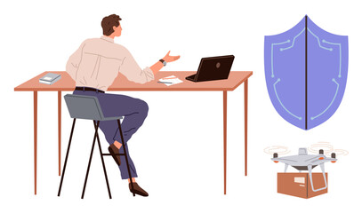 Man engaged in discussion at desk with laptop, notebook, and delivery drone beside a shield graphic. Ideal for innovation, logistics, cyber defense, e-commerce, business technology safety. Simple