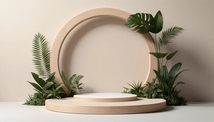 Minimalist podium with tropical plants and circular frame for product display