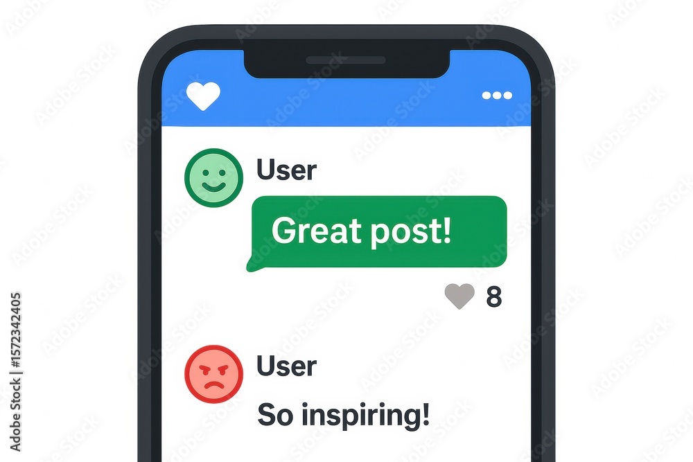 Poster social media interaction displaying positive and negative user responses to content on a smartphone 