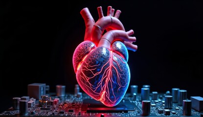 Futuristic 3D holographic human heart with glowing neon arteries on electronic circuit board. Digital medical visualization concept for healthcare technology.