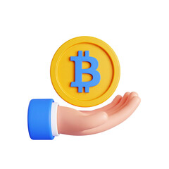 Hand Offering Bitcoin: A digital rendering of a hand presenting a shining golden bitcoin, representing the future of currency, financial technology, and the world of digital assets.