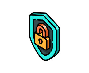A vibrant shield and padlock illustration symbolizes online security, data protection, and cyber safety with a modern, isometric design, transparent background